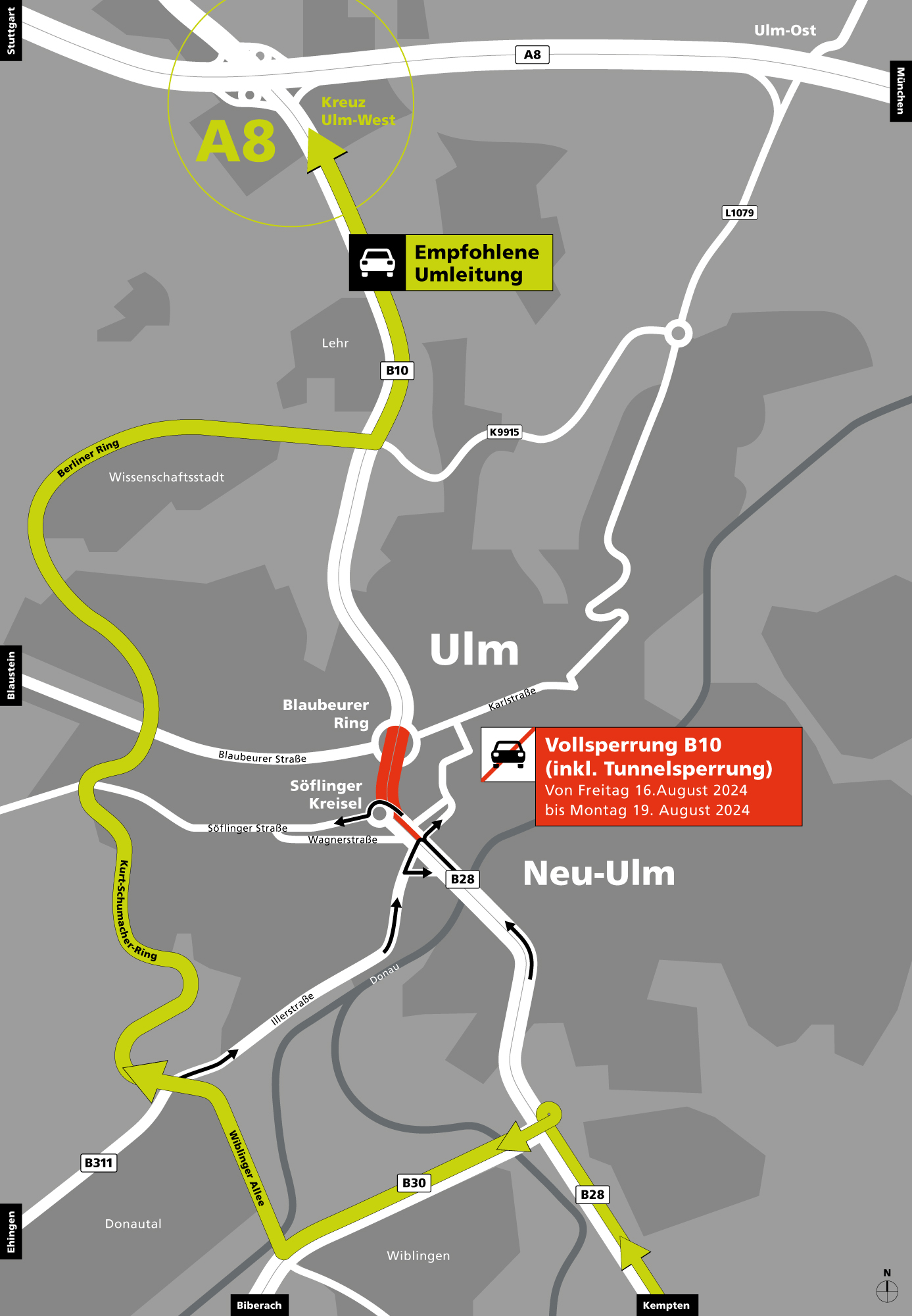 Darstellung der Verkehrssituation, gesperrten Straßen und Umleitungen rund um die Baumaßnahmen auf der B10