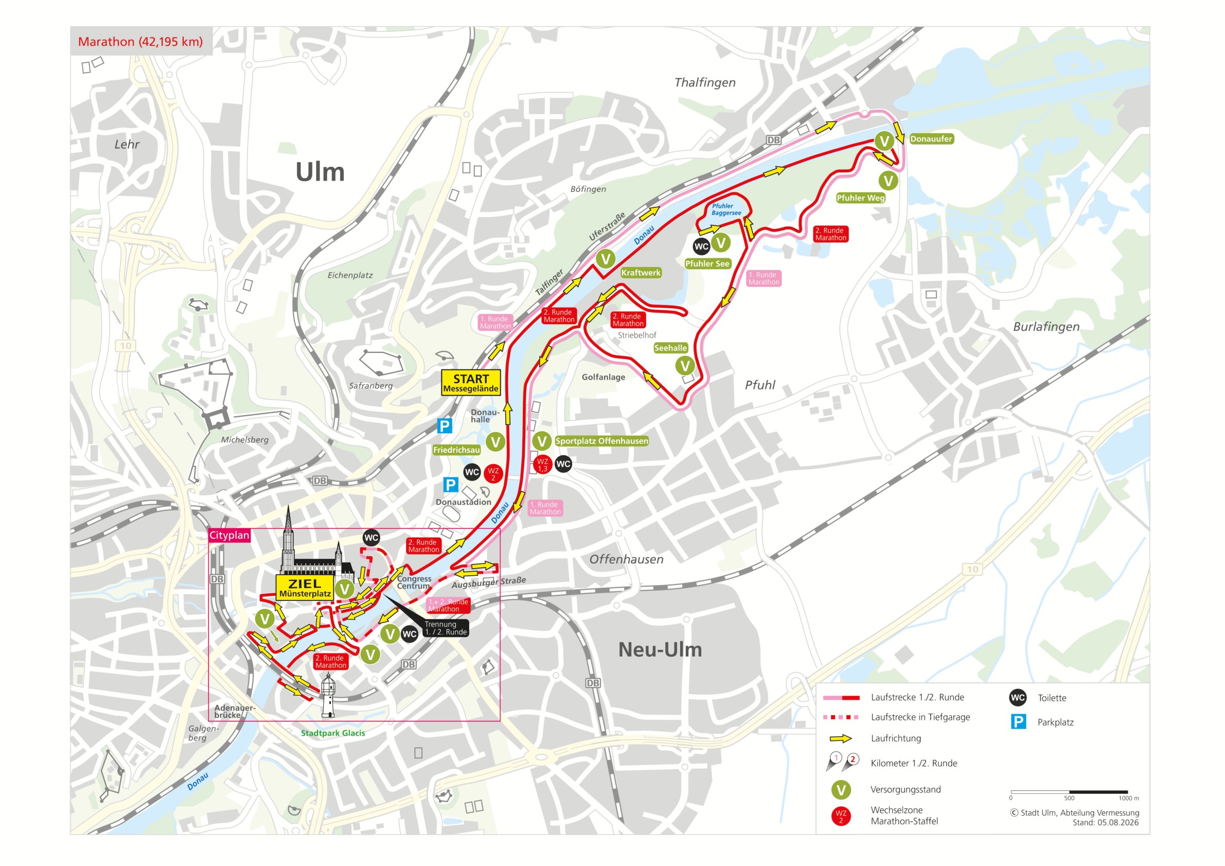 Eine Karte zeigt die Strecke des Einsteinmarathons 2025 in Ulm.